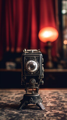Vintage fictional style camera in retro style setting with background boho lighting. 