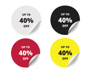 40% off round sticker sign. 40% off circle sticker banner colors set, badge symbol vector illustration