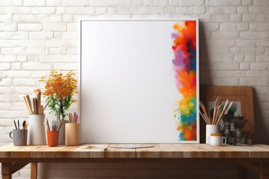 Wooden picture frame mockup in modern interior. Vertical template mock up for artwork, painting, photo or poster in interior design, generative AI