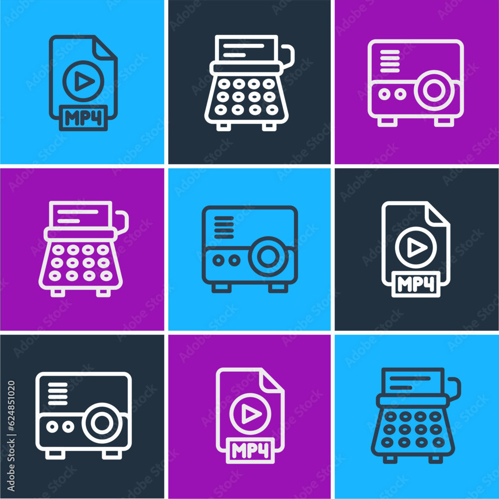 Poster set line mp4 file document, media projector and retro typewriter icon. vector