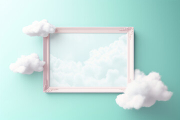 Mirror in pink frame flying in clouds on light teal background. Empty picture blank hanging on wall