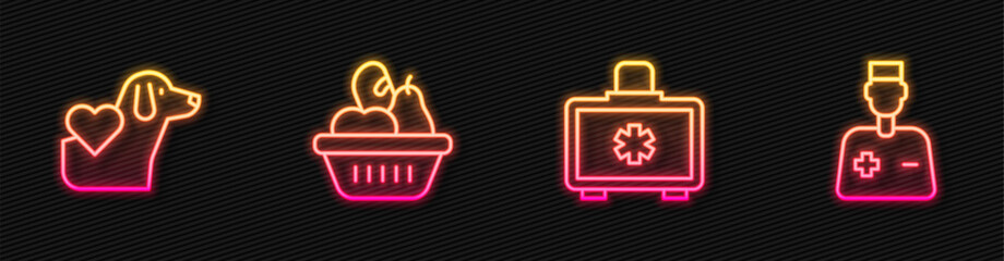 Set line First aid kit, Heart with dog, Donation food box and Male doctor. Glowing neon icon. Vector