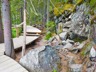 Obraz premium Wooden tourist walking trail as boardwalk in the forest park near Tohmajoki River. Summer water landscape with walkway near Ahvenkoski waterfall, Karelia, Russia.