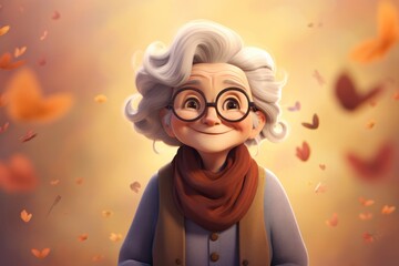 Old woman with nice haircut cartoon character. Smiling grandma portrait on autumn background - obrazy, fototapety, plakaty