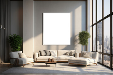 Blank horizontal poster frame mock up in living room interior, modern living room interior background. Generative AI