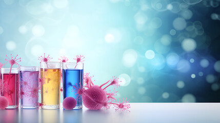 Drink for immunity. Set of glasses with multicolored immune booster antivirus drink and 3D virus model on blue blurred background. Natural medicine concept. Immunity protection background. AI