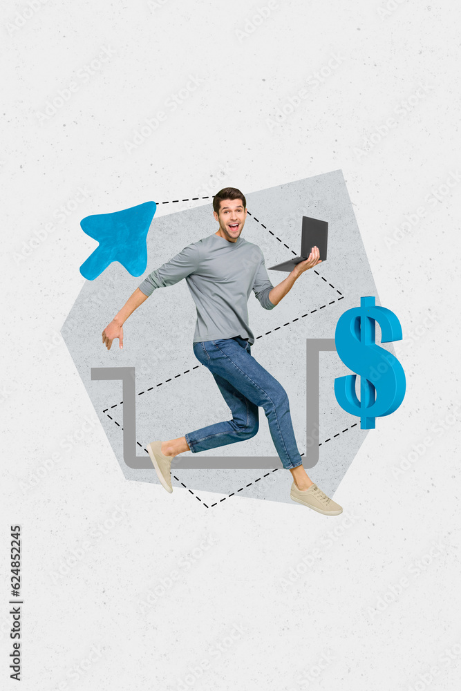 Poster Vertical collage of excited crazy guy hold netbook running arrow pointer cursor dollar money symbol isolated on white background