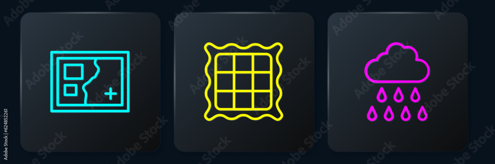 Poster set line folded map, cloud with rain and checkered napkin. black square button. vector