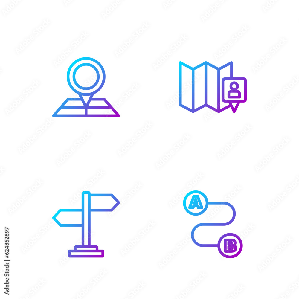Poster set line route location, road traffic sign, folded map with marker and . gradient color icons. vecto