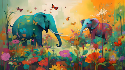 An artistic representation of a green environment showing elephants and colorful butterflies.