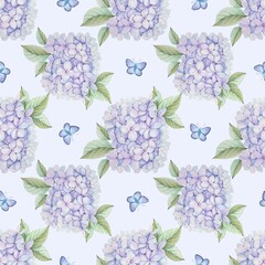 Floral seamless pattern with delicate watercolor purple hydrangea flowers and butterflies
