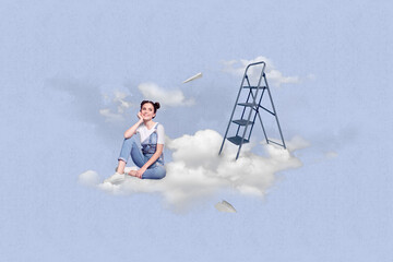 Creative photo illustration collage of dream imagination cute woman sitting inside sky clouds ladder future isolated on blue background