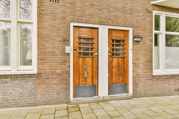 two wooden doors in front of a brick building with white trim around the door and windows on either...