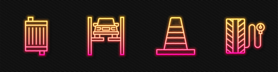 Set line Traffic cone, Car radiator cooling system, Repair car lift and Tire pressure gauge. Glowing neon icon. Vector