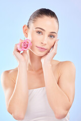 Obraz na płótnie Canvas Woman, portrait and rose for skincare in studio, eco cosmetics and natural aesthetic facial on blue background. Face, female model and beauty of pink flowers, sustainable shine and floral dermatology
