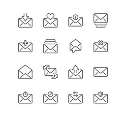 Set of mail related icons, mail box, adress book, newsletter, spam, message, correspondence, communication and linear variety vectors.