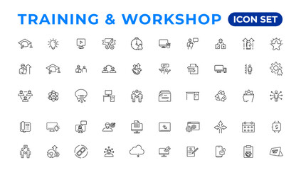 Fototapeta na wymiar Training and workshop linear icons collection.Set of thin line web icon set, simple outline icons collection, Pixel Perfect icons, Simple vector illustration.