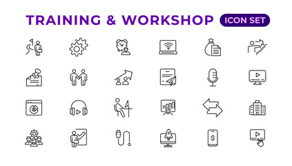 Training and workshop linear icons collection.Set of thin line web icon set, simple line icons collection, Pixel Perfect icons, Editable vector illustration.