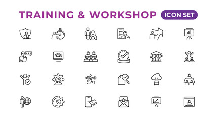 Training and workshop linear icons collection.Set of thin line web icon set, simple line icons collection, Pixel Perfect icons, Editable vector illustration.