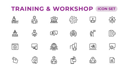 Training and workshop linear icons collection.Set of thin line web icon set, simple line icons collection, Pixel Perfect icons, Editable vector illustration.