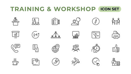 Training and workshop linear icons collection.Set of thin line web icon set, simple line icons collection, Pixel Perfect icons, Eadible vector illustration.