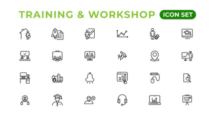 Training and workshop linear icons collection.Set of thin line web icon set, simple line icons collection, Pixel Perfect icons, Editable vector illustration.