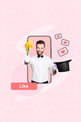 Collage of magician showman funny young man wear costume take from bunny hat likes gift present...