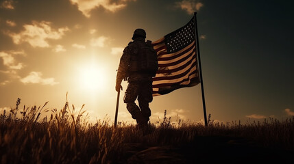 memorial day flag usa many , of American flags planted on the lawn USA 4th of July,
American Flag  waving , Happy memorial day celebration, American national holiday, Generative AI ,illustration