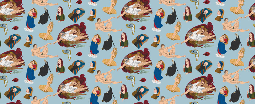Famous paintings in vector. Exhibition of classical painting. Gallery of works of art. masterpieces of world art. Creation of Adam. Reproductions of paintings. Seamless pattern