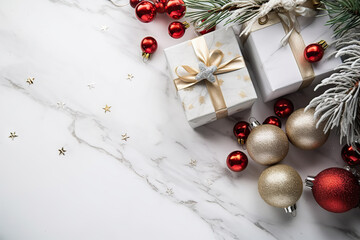 Christmas and New Year Holiday Delight Festive Gifts on White Marble Background. created with Generative AI