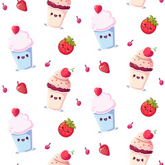 Cute vector pattern with various ice cream cones and strawberries on white background