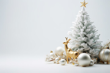 Naklejka na ściany i meble Festive Elegance White Snowy Christmas Tree and Golden Decorations on Bright Holiday Background. created with Generative AI