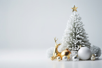 Fototapeta na wymiar Festive Elegance White Snowy Christmas Tree and Golden Decorations on Bright Holiday Background. created with Generative AI