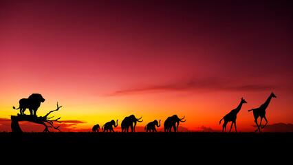 Fototapeta na wymiar Amazing sunset and sunrise.Panorama silhouette tree in africa with sunset. dramatic sunrise.Safari.