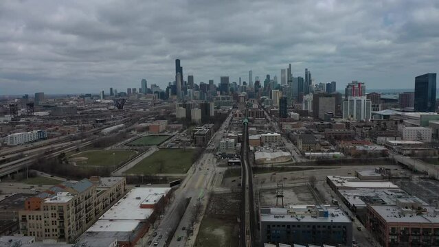 Aerial View of Cloudy Day in Chicago City 