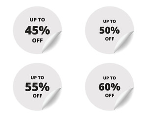45% off, 50, 55, 60 percent round sticker sign. circle sticker banner set, badge symbol vector illustration