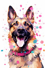 cute cartoon german shepard with confetti sprinkles, a low poly illustration, adorable character, mascot, concept, digital art