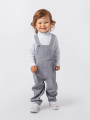 A toddler with curly hair 2 years old in a gray jumpsuit and a white jacket and sneakers stands...