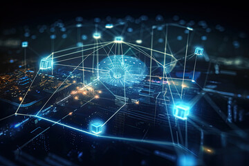 Abstract digital surface with glowing dots, lines and grid structure, created with Generative AI