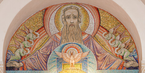 ANNECY, FRANCE - JULY 11, 2022: The mosaic of God the Father in the main altar of Basilique de la...