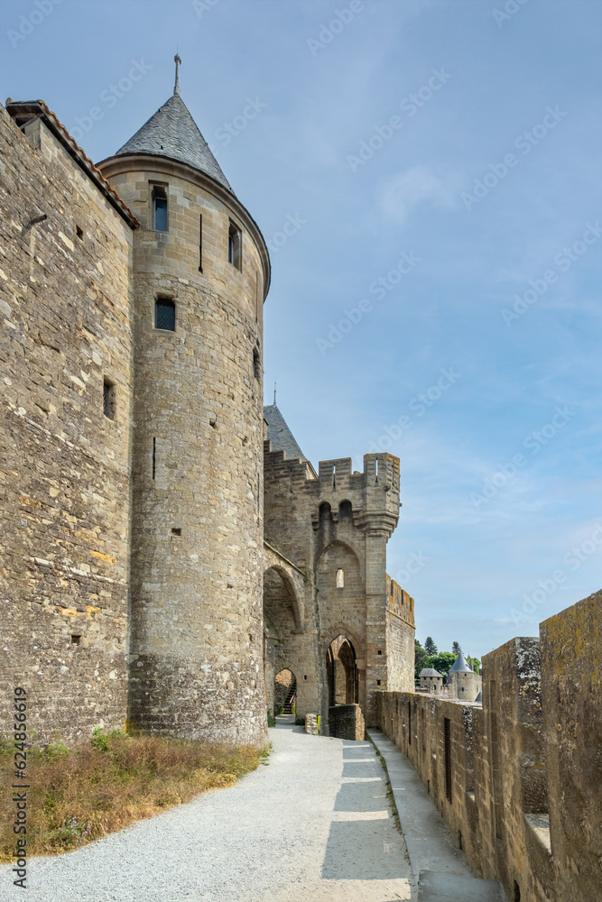 Poster beautiful large fortress in carcassonne, france