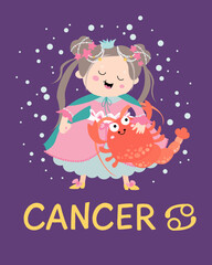 Cute sign zodiac card flat style. Vector illustration with astrological symbol Cancer, zodiac sign. Mystical symbol.
