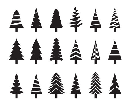 Simple and minimalist Christmas Pine tree silhouettes collection vector templates, Black and White