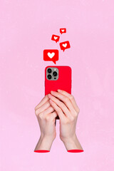Creative poster collage of hands holding device gadget telephone heart icon social media smm...