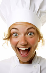 Smiling woman with a joyful and surprised look dressed as a chef isolated on a white background