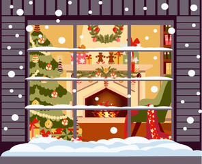 Мiew from the street into a cozy window with a Christmas interior, a Christmas tree, gifts, an armchair and a fireplace. Vector winter holiday illustration.