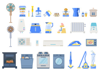 Set of home equipment. Collection of climate equipment, appliances for cleaning the house and cooking. Set of electrical appliances for a comfortable home.Сozy home.Vector illustration in flat style