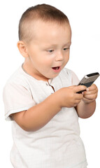Amazed toddler texting on a smart phone