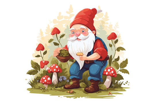 Cute bearded gnome picking elder berries. Happy smiling fairy tale dwarf elf working in garden cartoon . Flat graphic vector illustrations isolated on white background