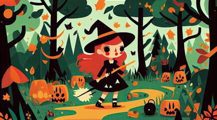 Cute witch cartoon character in the spooky forest. Kids baby and children illustration book drawing background. Generative AI